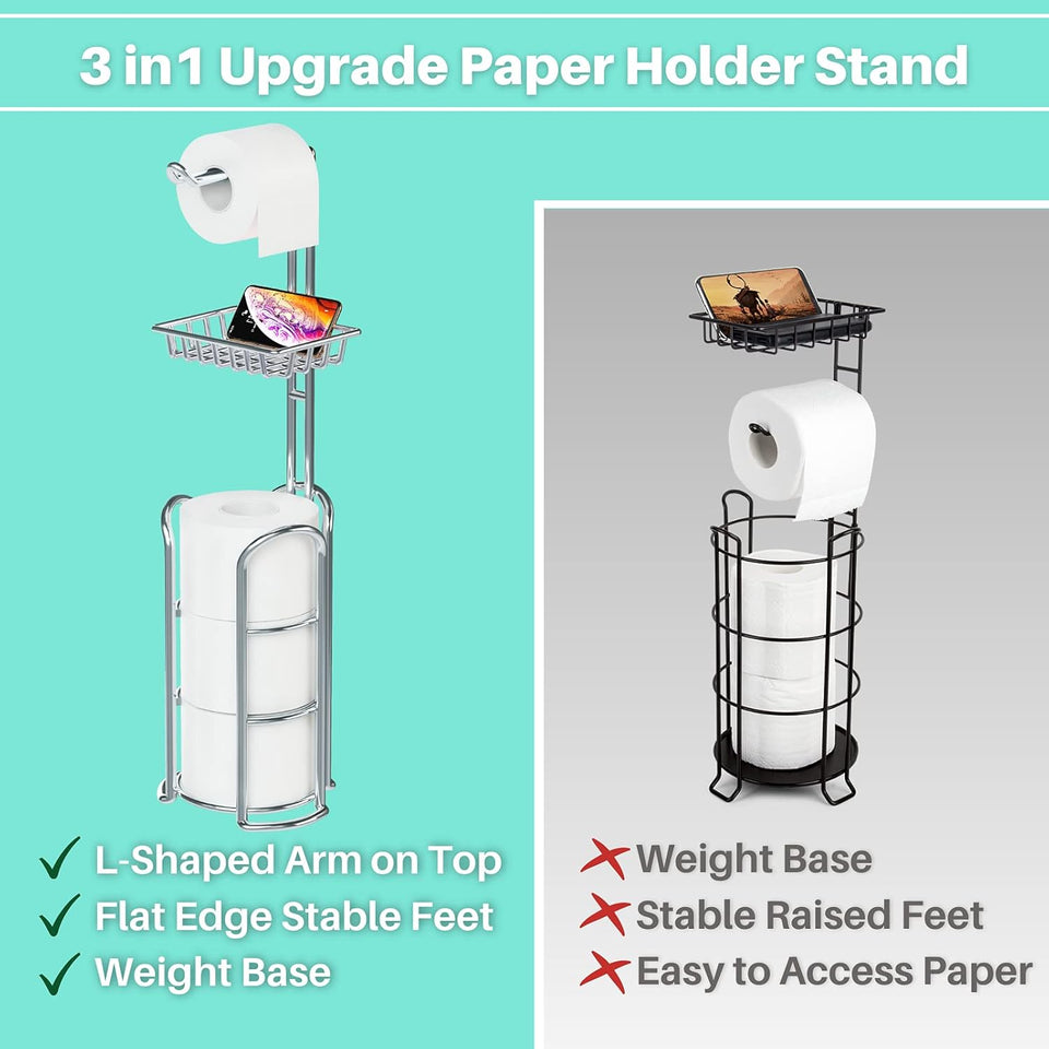 TreeLen Chrome Freestanding Toilet Paper Roll Holder with Shelf, Modern Metal Bathroom Tissue Storage Rack