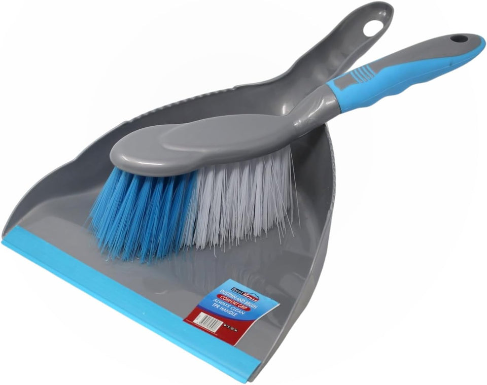 Best House | Dustpan and Brush Set | Plastic | Grey Blue | 1 Set | Soft Grip | Household Cleaning | Portable Ergonomic | TPR | Home and Office Use