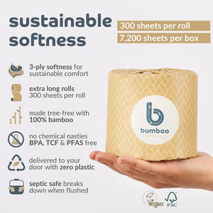Bumboo Bamboo Toilet Roll 24 Pack | Wrapped Toilet Paper 3 ply, 300 Sheets | Eco Friendly Toilet Paper | Plastic-Free, Soft, Strong, Sustainable & Biodegradable Toilet Tissue