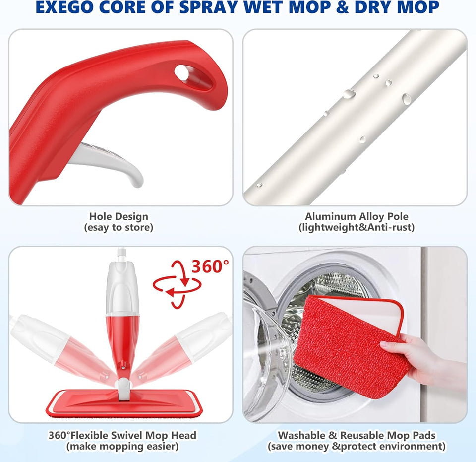 Spray Mops Microfibre Mops for Cleaning Floors- EXEGO Wood Floor Mop with Spay 3x Reusable Washable Pads,Dust Wet Mops Floor Cleaning Mop Home Commercial Use for Hard Wood Laminate Wood Tiles