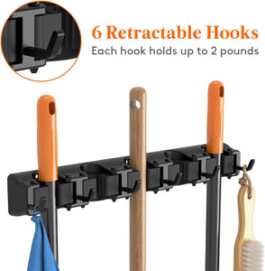 Lifewit Broom Mop Holder Wall Mounted，Heavy Duty Broom Storage with 5 Slot 6 Hooks, Utility Room Storage Solutions for Broom Cupboard Kitchen Bathroom Garage and Garden Tool Organiser, 1 Pack, Black